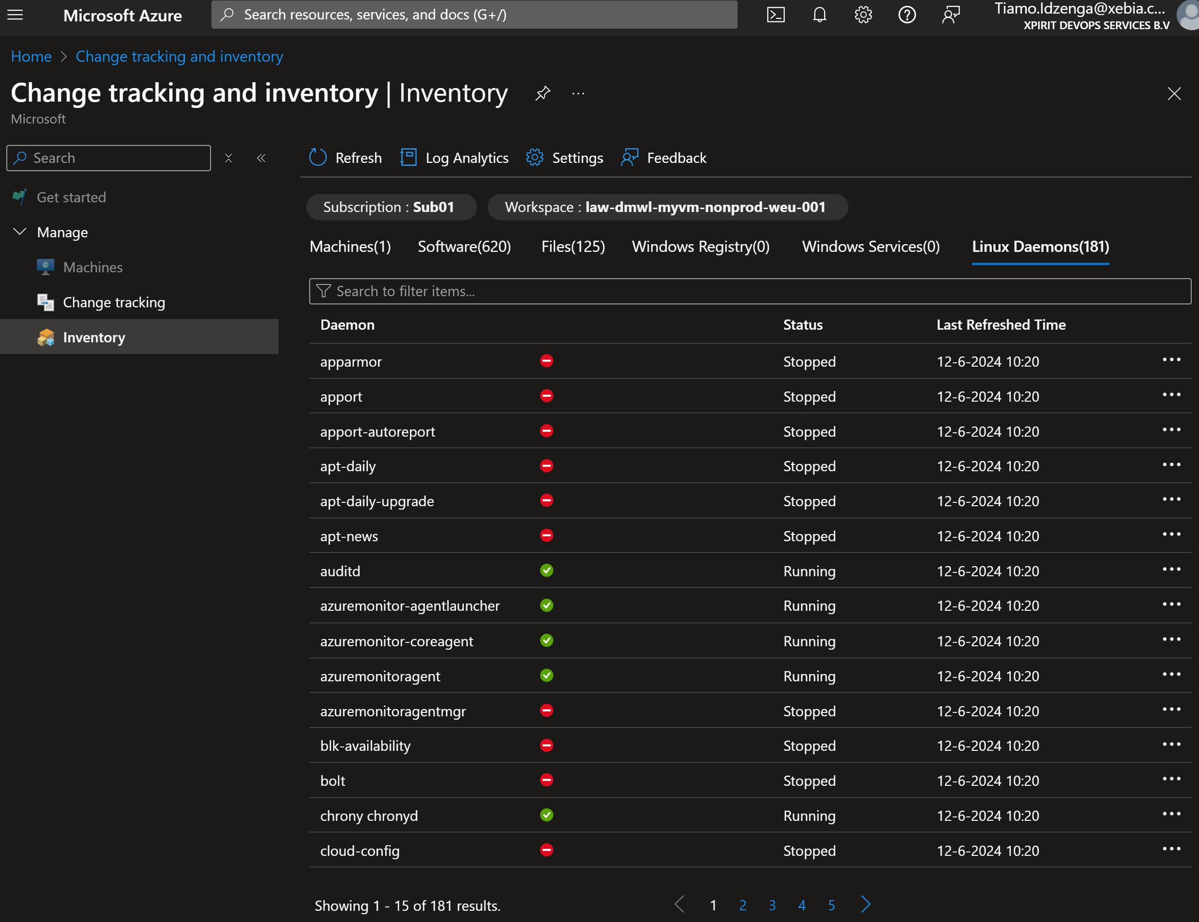 The inventory of Linux daemons of the onboarded virtual machine