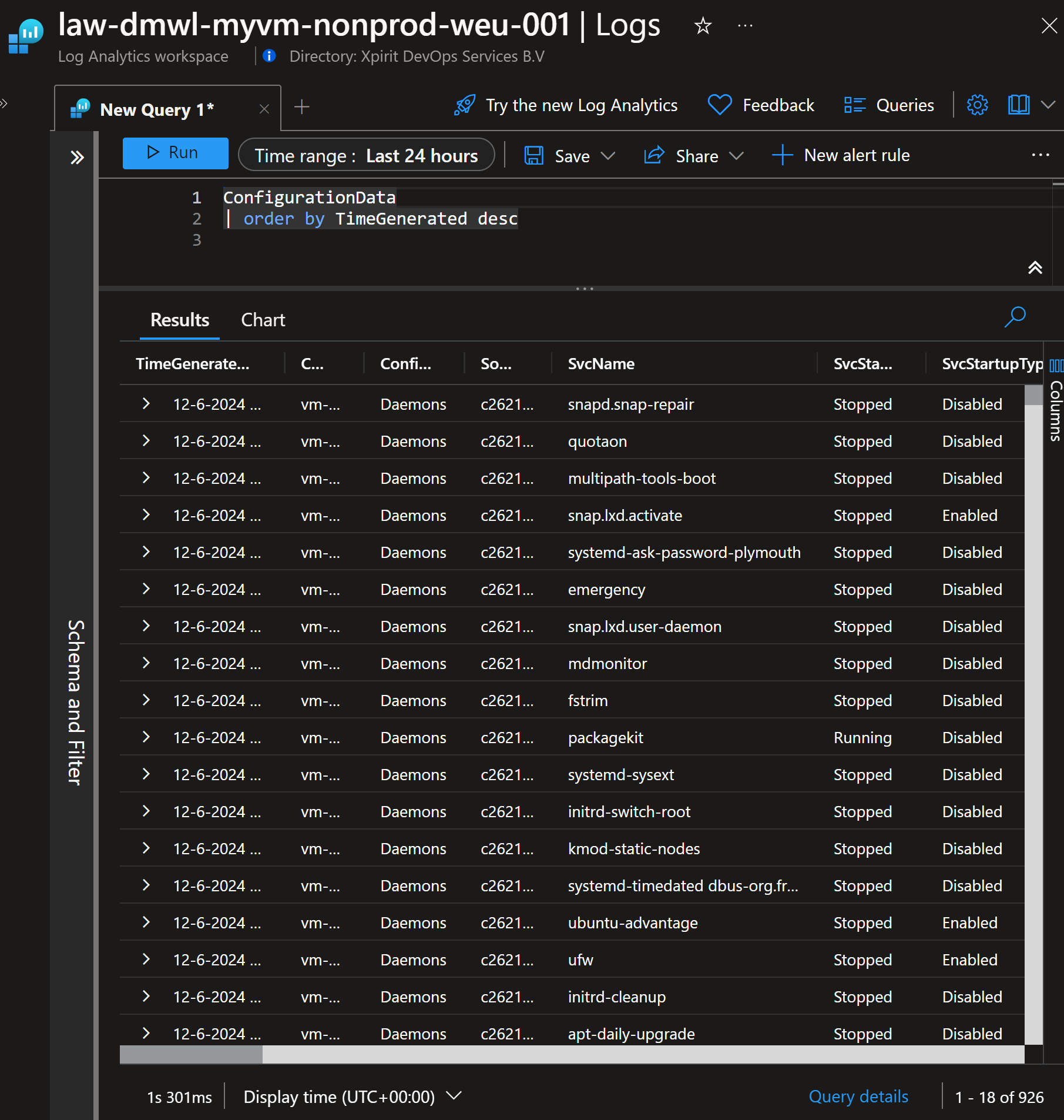 Querying raw log data of the onboarded virtual machine